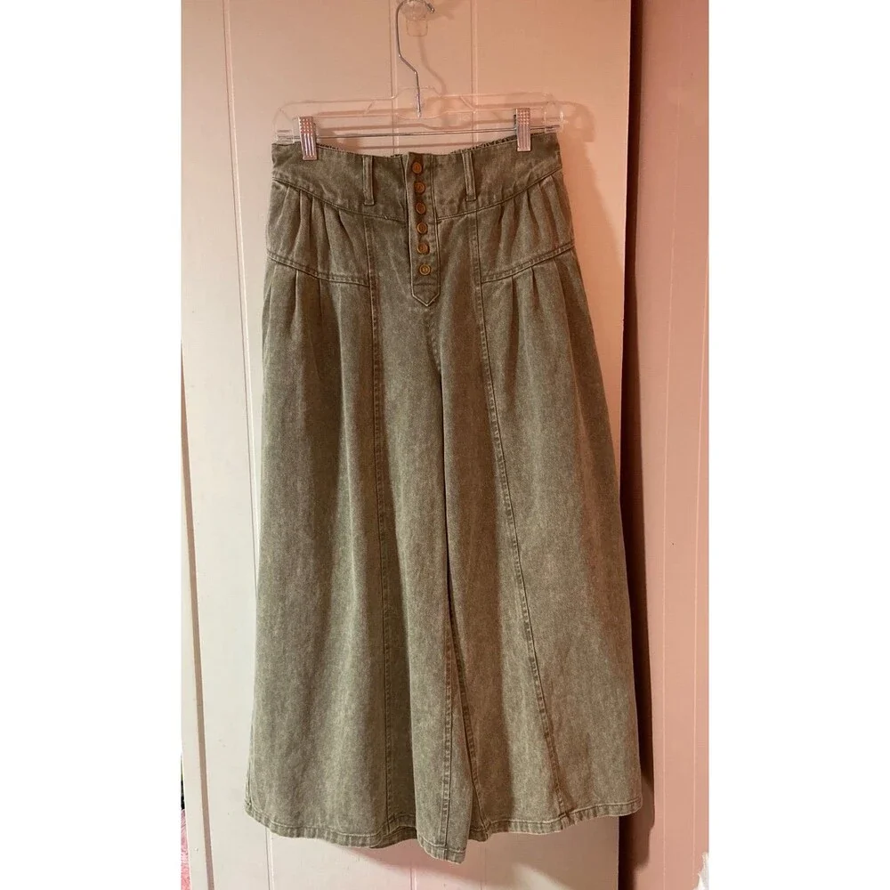 Fantastic Fawn jeans wide leg pants OLIVE green denim pockets pleated dress pant